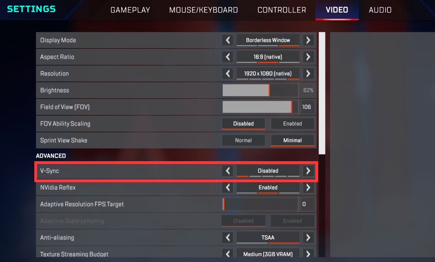 遊戲影像設定選單的截圖，展示如何開啟垂直同步 (V-Sync) 與其他畫面防撕裂技術的選項